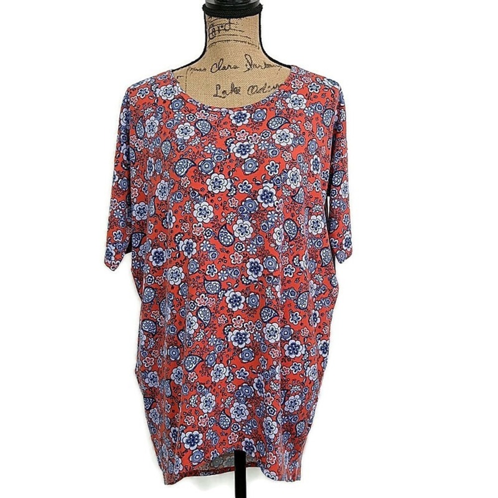 NWT LulaRoe Womens‎ sz XXS Irma T Shirt Red Blue Floral Scoop Neck Short Sleeve